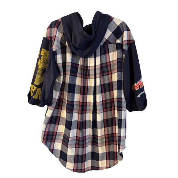 Free People Maddox Patched Plaid Tunic Womens Oversized Varsity Shirt W/ Hood M - Picture 4 of 7
